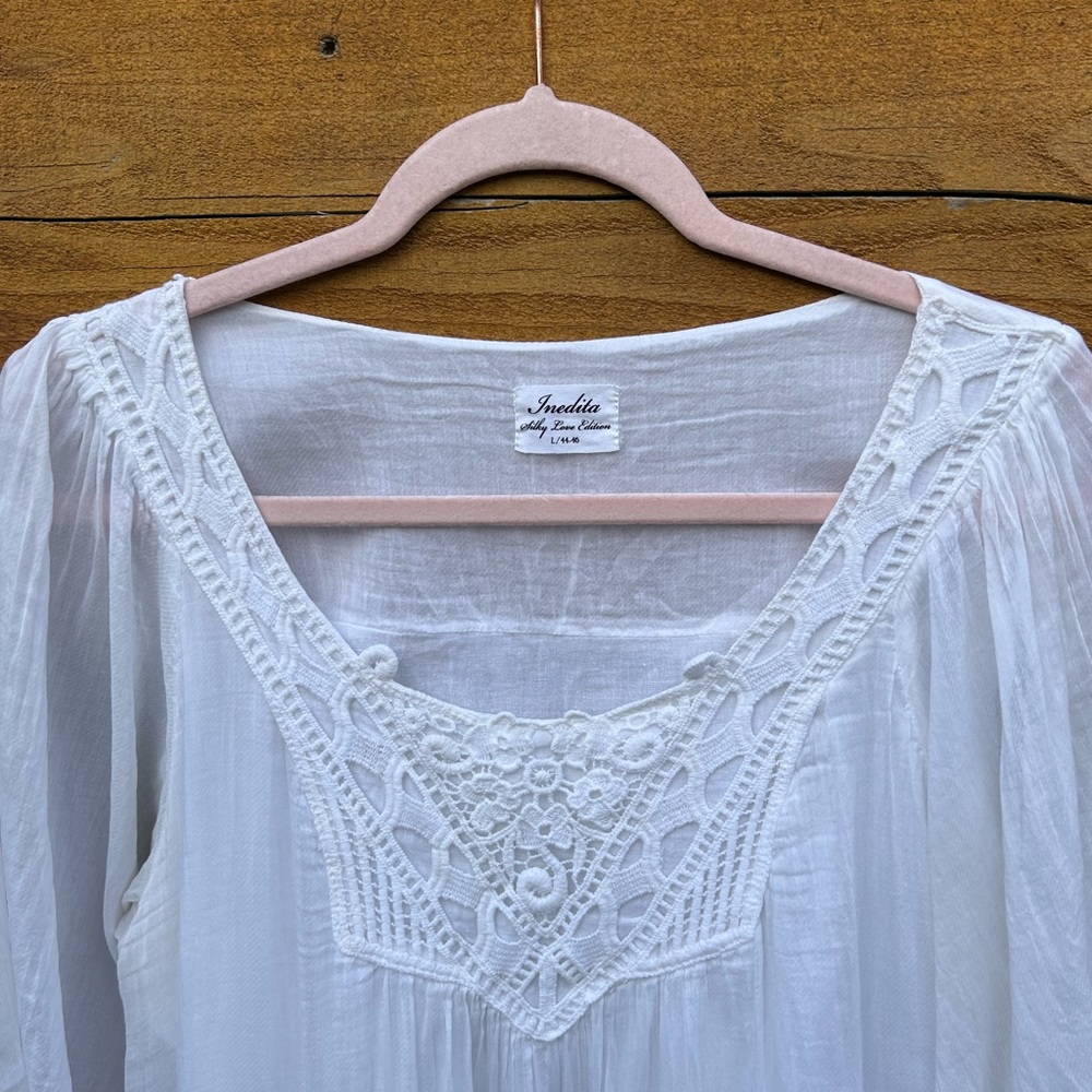 NWOT-Sz L-Inedita Silky Love Edition brand white lined dress with lace accents - Picture 3 of 7